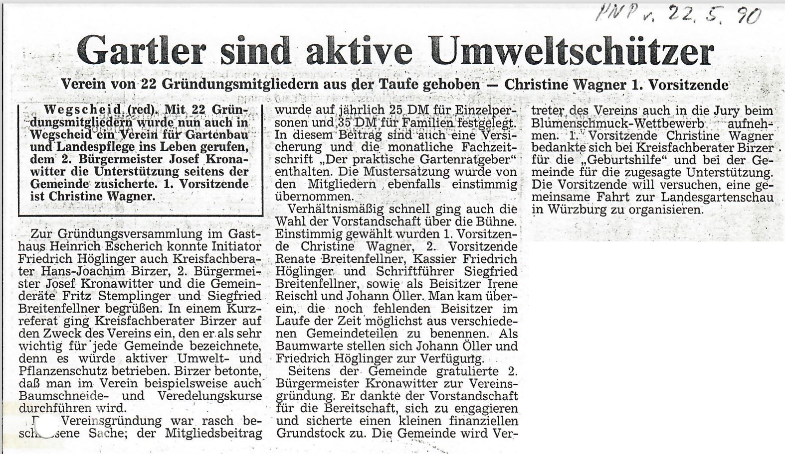 Gartler sind aktive Umweltschützer, Artikel über die Vereinsgründung, Passauer Neue Presse vom 22. Mai 1990