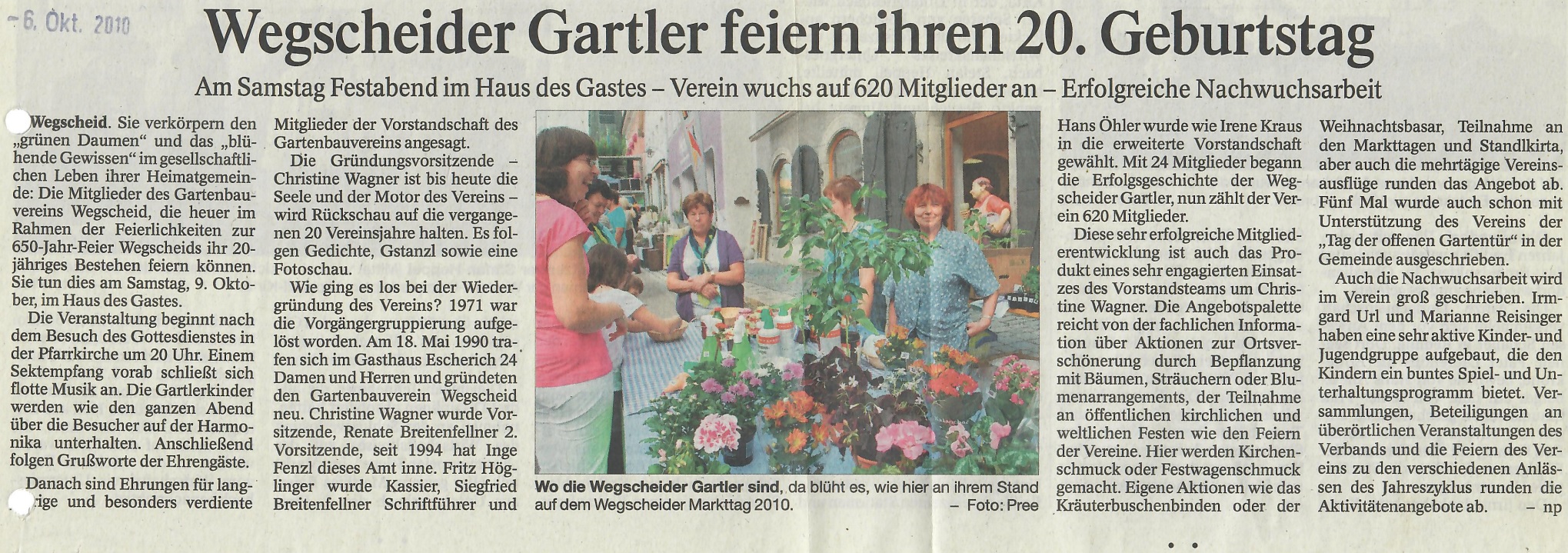 Wegscheider Gartler feiern ihren 20. Geburtstag, Passauer Neue Presse vom 06. Oktober 2010