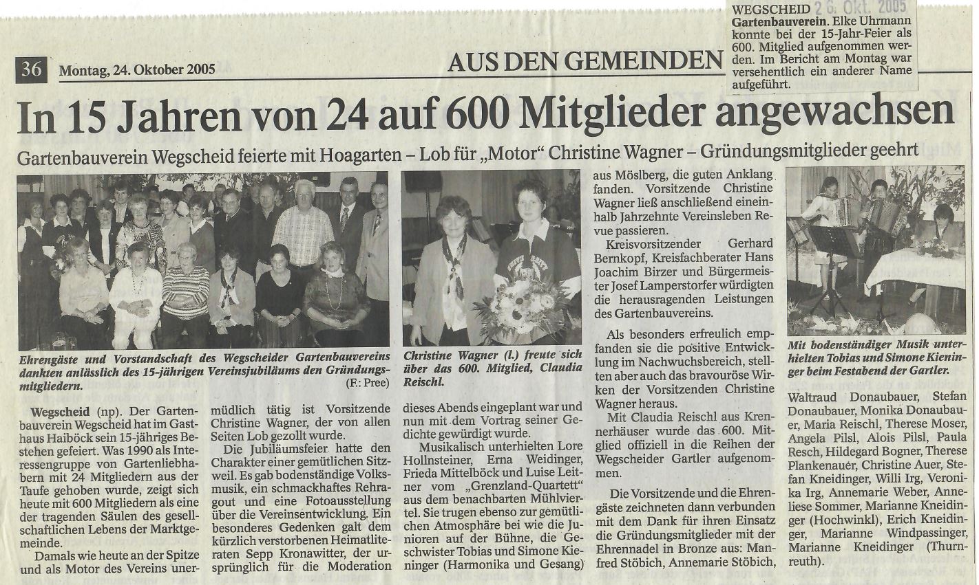 In 15 Jahren von 24 auf 600 Mitglieder angewachsen, 15 Jahrfeier, Passauer Neue Presse vom 24. Oktober 2005