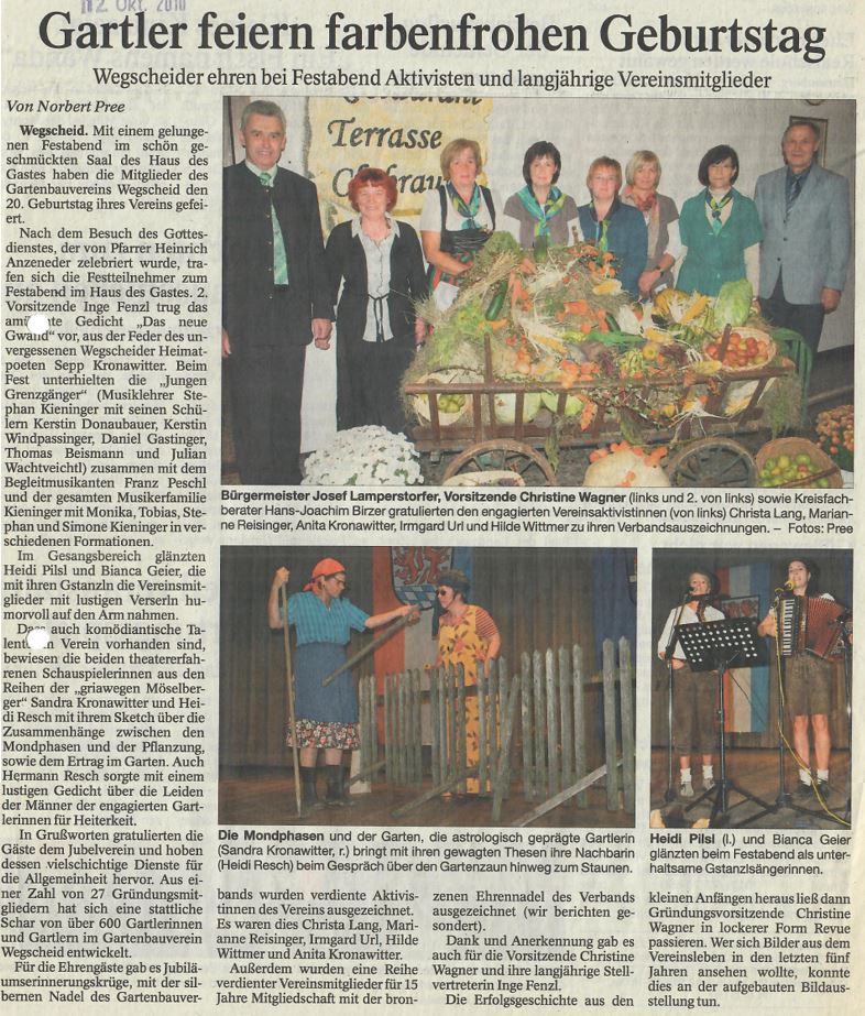 Gartler feiern farbenfrohen Geburtstag, Artikel zur 20 Jahrfeier, Passauer Neue Presse vom 12. Oktober 2010