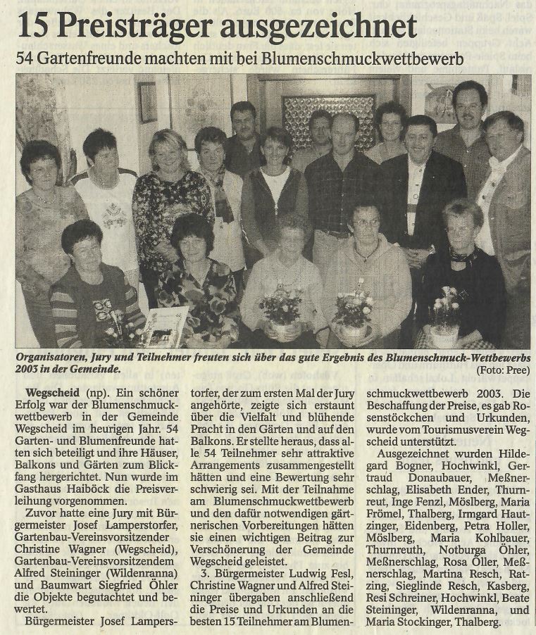 15 Preisträger ausgezeichnet, 54 Gartenfreunde machen mit bei Blumenschmuckwettbewerb, Passauer Neue Presse 2003