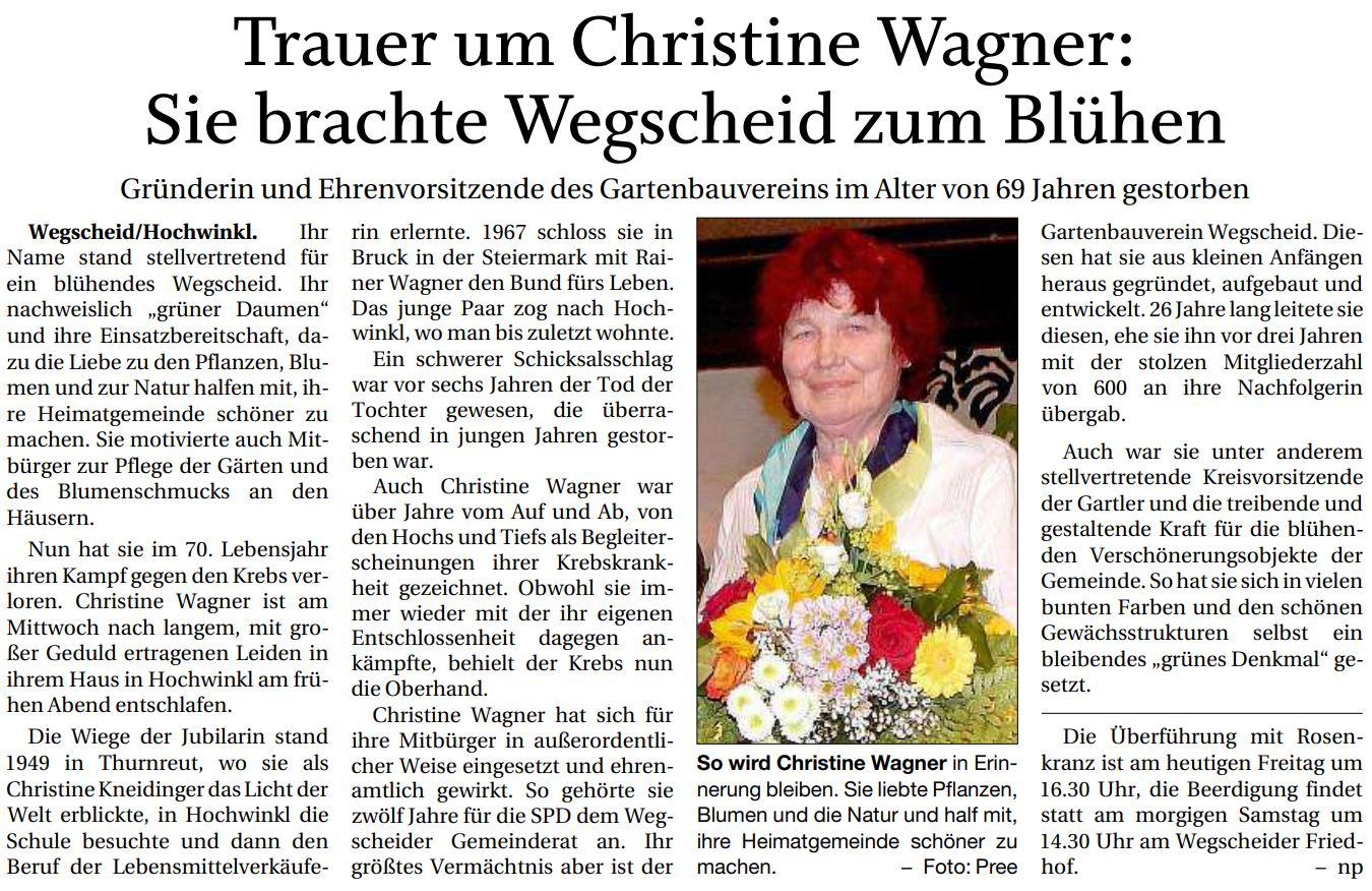 Trauer um Christine Wagner, Sie brachte Wegscheid zum Blühen, Passauer Neue Presse vom 24.05.2019