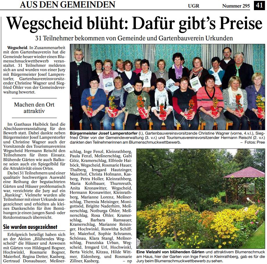 Wegscheid blüht: Dafür gibt's Preise, 31 Teilnehmer bekommen von Gemeinde und Gartenbauverein Urkunden, Passauer Neue Presse vom 22.12.2011