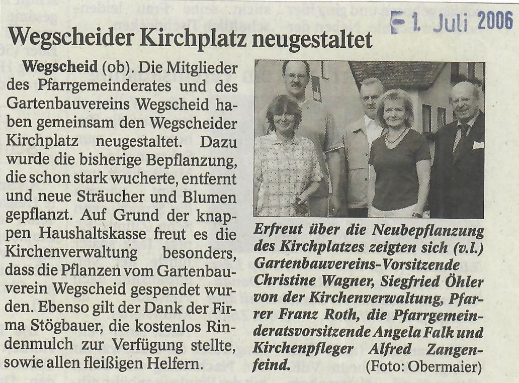 Wegscheider Kirchplatz neugestaltet, Passauer Neue Presse vom 01. Juli 2006